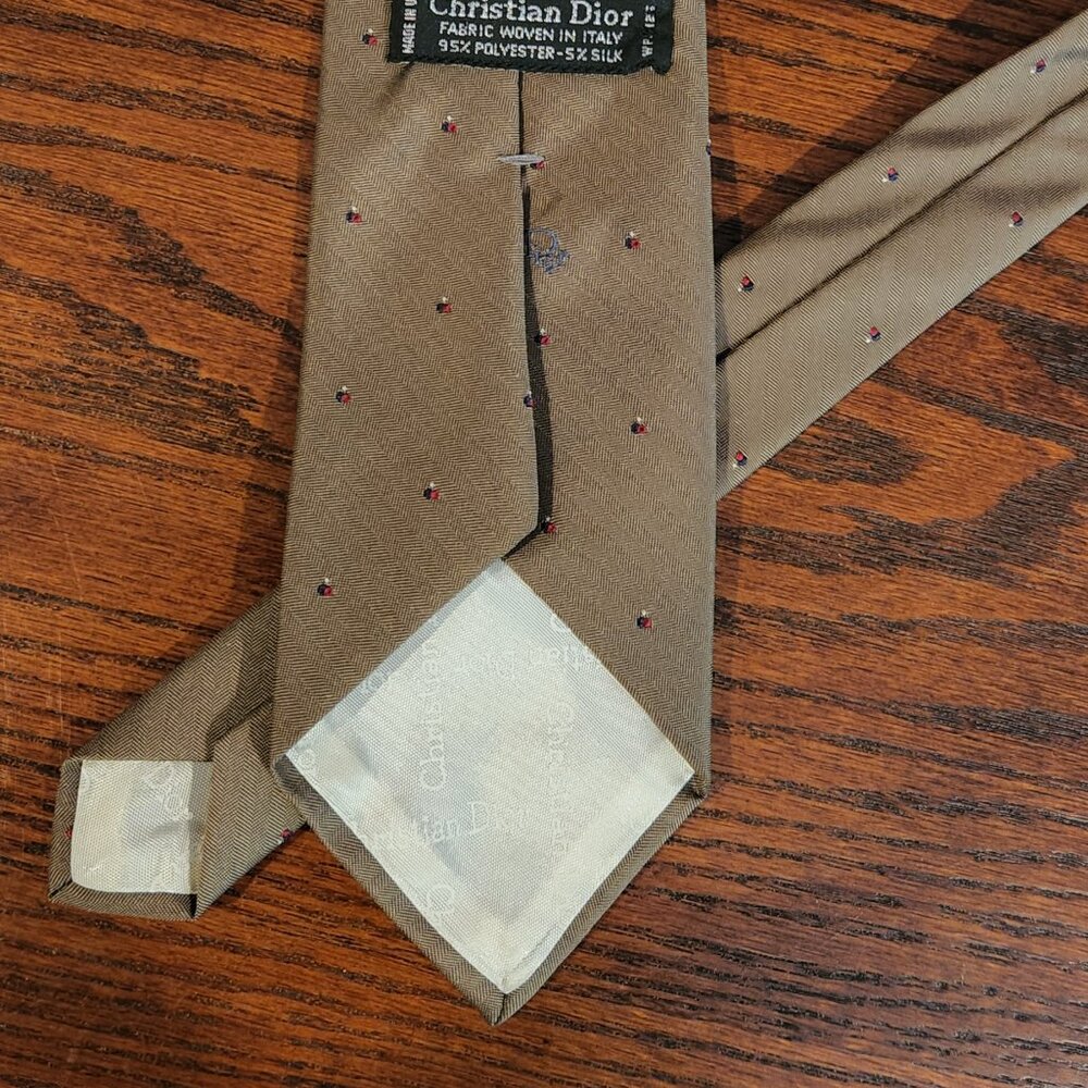 Vintage Christian Dior Logo Men’s Tie Taupe w/ White Diamond Dot Blue Dash Marks - Picture 4 of 5